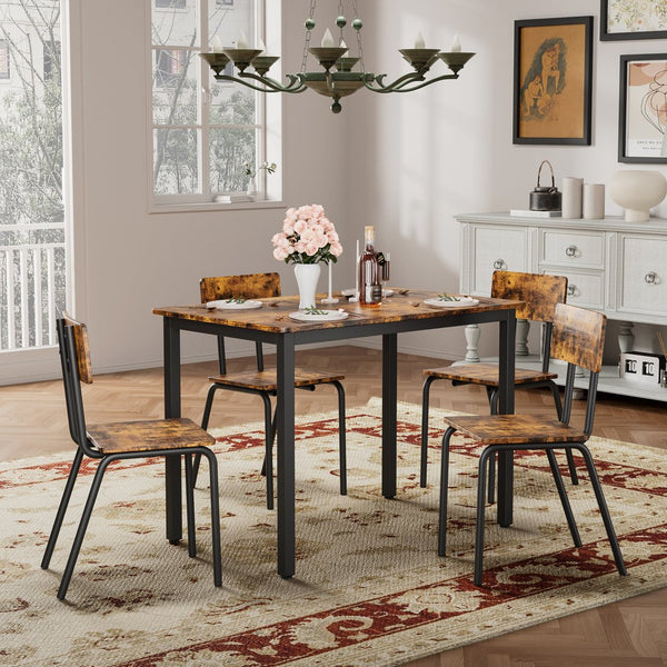 English Elm 5-Piece Modern Dining Set for Small Spaces — 43.3" MDF Top Table with Metal Frame and 4 Chairs, Easy Clean Brown W578133461