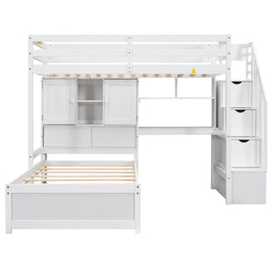 English Elm Twin Over Twin Loft Bed with Built-In Desk, Stairs, Shelving and Storage Headboard for Space-Saving Rooms White GX000465AAK