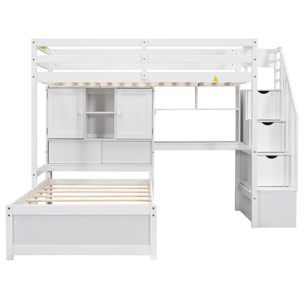 English Elm Twin Over Twin Loft Bed with Built-In Desk, Stairs, Shelving and Storage Headboard for Space-Saving Rooms White GX000465AAK
