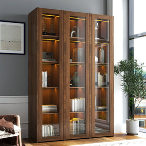 English Elm Display Cabinet Glass Doors Curio with 5 Shelves and LED Lighting, Dustproof Bookcase for Dolls Decor W331P281123