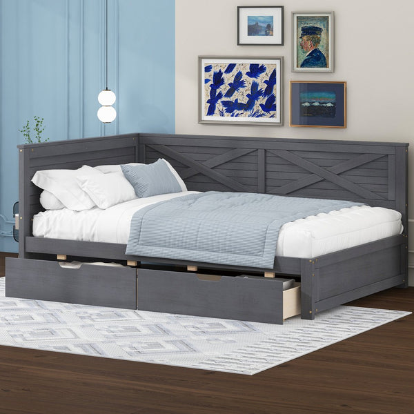 English Elm Twin Wood Daybed with 2 Drawers Rustic Guardrail in Ancient Grey — Storage Twin Bed, Pine MDF Craftsmanship, 300lb Capacity N709P179657E