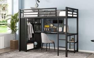 English Elm Twin Xl Loft Bed Frame With Desk & Wardrobe, Space-Saving Metal Design With Storage Shelves, Black W1580S00119-GIGA