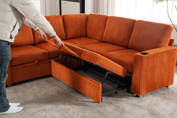 English Elm Sectional Corduroy Sleeper Sofa with Storage and Charging Ports for Small Spaces Orange W1361S00076