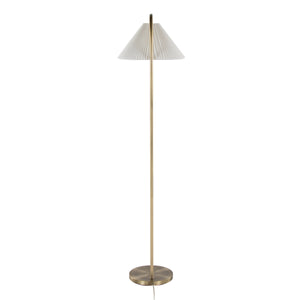 English Elm Cassis 65" Glam Art Deco Floor Lamp in Gold Metal with White Pleated Linen Shade, Curved Base Elegance B202S01365