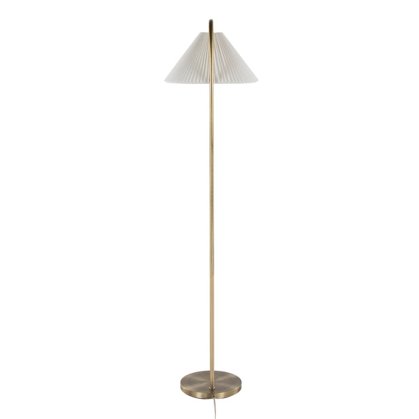 English Elm Cassis 65" Glam Art Deco Floor Lamp in Gold Metal with White Pleated Linen Shade, Curved Base Elegance B202S01365