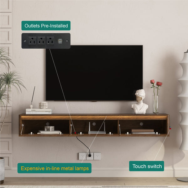 English Elm Floating TV Stand with Touch LED Strip, Built-In Power Hub & Ample Storage for Modern Living Rooms Wood 74.61 L x 17.52 W x 6.1 H W1321P389548