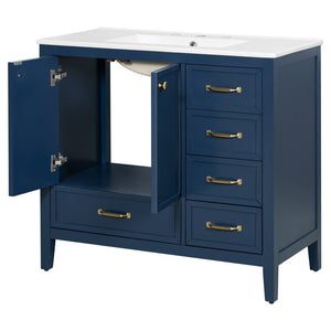 English Elm 36" Solid Pine Bathroom Vanity with Ceramic Sink 4 Soft Close Drawers Vintage Style Blue N759S293646C