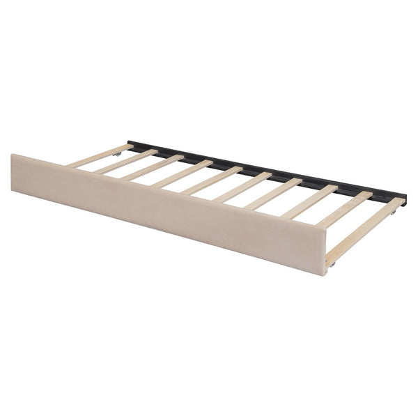 English Elm Full Size Velvet Upholstered Daybed with Pull Out Trundle and Wood Slat Support Beige LP100121AAA