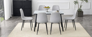 English Elm Table and Chair Set Marble Glass Top Dining with Six Gray Linen Upholstered Seats W1151S04658