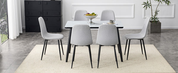 English Elm Table and Chair Set Marble Glass Top Dining with Six Gray Linen Upholstered Seats W1151S04658