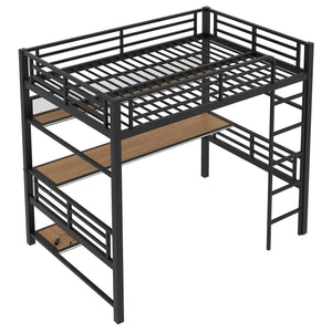 English Elm Full Size Metal Loft Bed Frame with Desk, LED Lights, Storage Shelves & Guardrails for Gamers DL002208AAB