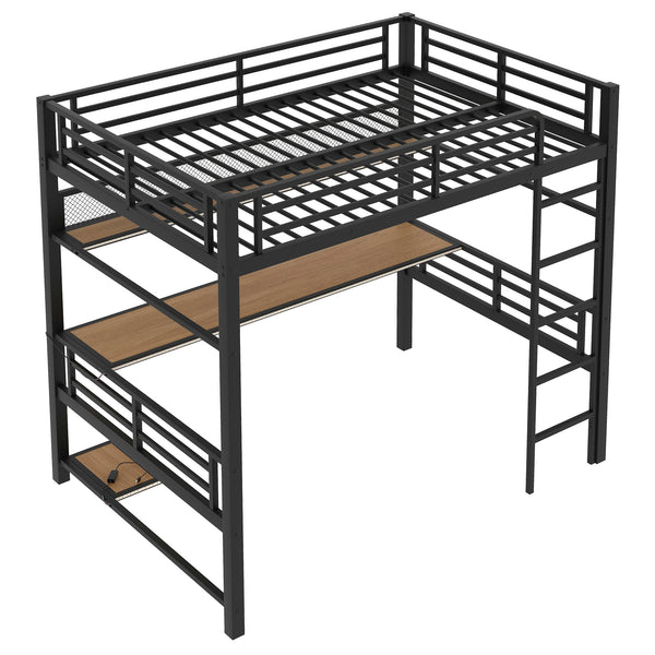English Elm Full Size Metal Loft Bed Frame with Desk, LED Lights, Storage Shelves & Guardrails for Gamers DL002208AAB
