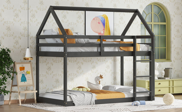 English Elm Twin Rubber Wood Floor Bunk Bed House-Shaped Design with Ladder Guardrails Sturdy Low-Profile Retreat Black W504P206865