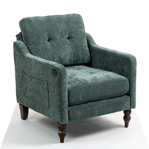 English Elm Accent Comfy chenille chair with USB charging, ergonomic wide back, high-rebound sponge, retro wooden legs Dark Green W2715P312490