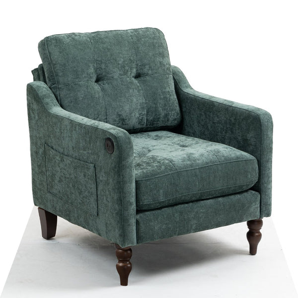 English Elm Accent Comfy chenille chair with USB charging, ergonomic wide back, high-rebound sponge, retro wooden legs Dark Green W2715P312490
