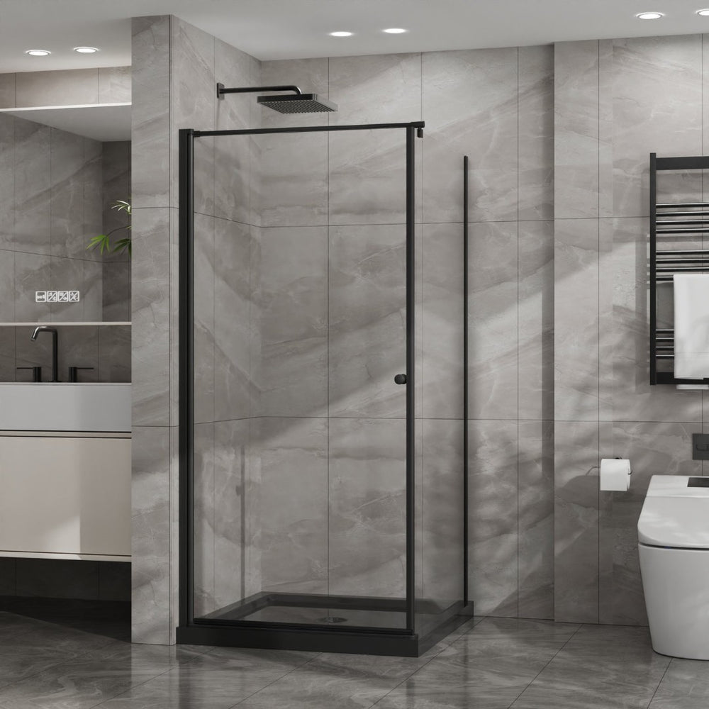 English Elm Goodyo Frameless Corner Shower Stall Tempered Glass Pivot Door with Matte Black Hardware W1223S00039