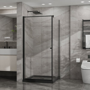 English Elm Goodyo Frameless Corner Shower Stall Tempered Glass Pivot Door with Matte Black Hardware W1223S00039