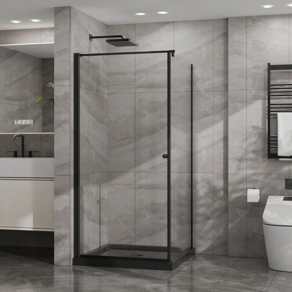English Elm Goodyo Frameless Corner Shower Stall Tempered Glass Pivot Door with Matte Black Hardware W1223S00039