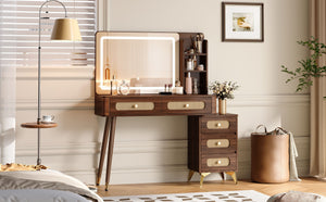 English Elm 47''Vintage Elegant Makeup Vanity with Lights and Mirror, 5-Drawer Rattan Design, Solid Wood Craftsmanship Dark Walnut 46 L x 27 W x 8 H N733P337468D