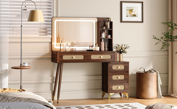 English Elm 47''Vintage Elegant Makeup Vanity with Lights and Mirror, 5-Drawer Rattan Design, Solid Wood Craftsmanship Dark Walnut 46 L x 27 W x 8 H N733P337468D