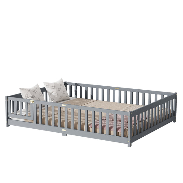 English Elm Queen Floor Bed with Safety Fence and Guardrails, Rubberwood Low Profile Platform for Kids Grey W504P286386