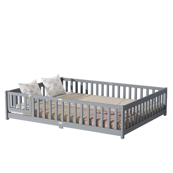 English Elm Queen Rubber Wood Floor Bed with Full Perimeter Safety Fence and Hinged Access Door Grey W504P429339