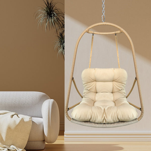 English Elm without Swing Egg Chair Rattan Hanging Patio Basket with C-Bracket, Foldable, Cup Holder, Cushions, Durable Metal Frame Beige+yellow W2707P388602