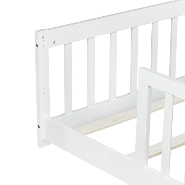 English Elm Twin Size Floor Bed With Safety Guardrails - Durable Rubberwood, Minimalist White Design For Kids W504P286396-GIGA