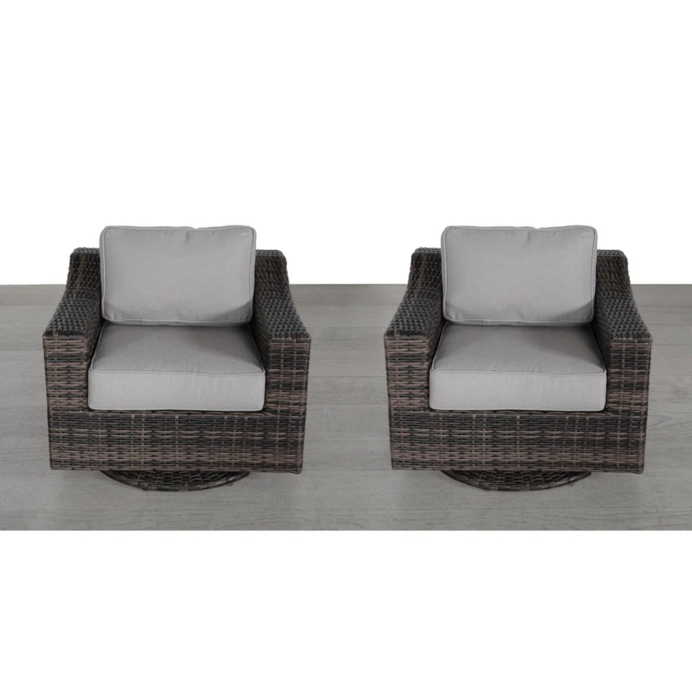English Elm LSI Swivel Patio Chair Set of 2 — 360° Rotating HDPE Wicker, Rust‑Resistant Aluminum, Plush Cushions B120S00059