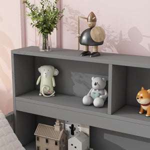 English Elm Full Floor bed with side bookcase and guardrails — space-saving storage shelves, sturdy pine construction, modern style (Full) Grey W504142774