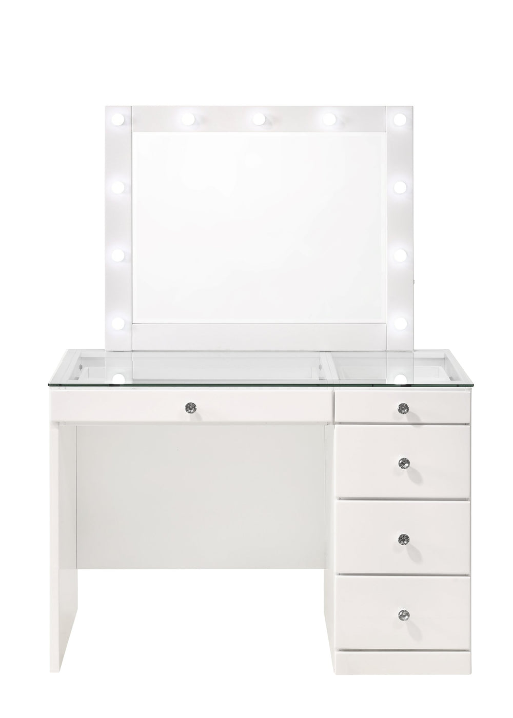 English Elm 3pc Sleek Makeup Vanity Set with Lighted Mirror, Glass Top, 5 Storage Drawers & Swivel Stool White 46.97 L x 25.87 W x 2 H B2741S00138