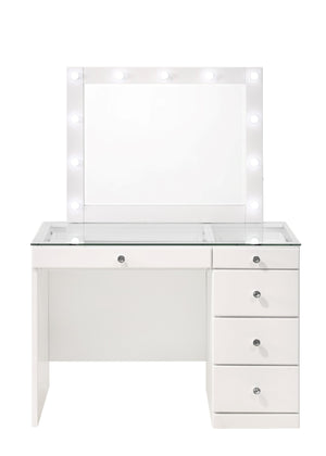 English Elm 3pc Sleek Makeup Vanity Set with Lighted Mirror, Glass Top, 5 Storage Drawers & Swivel Stool White 46.97 L x 25.87 W x 2 H B2741S00138