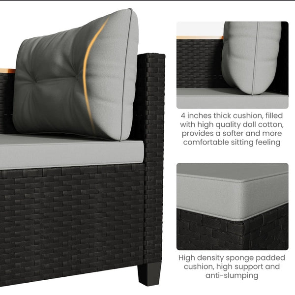 English Elm 3-piece Outdoor Pe Rattan L-shaped Sectional with Acacia Storage Table for Patio Black+Grey B082P455129
