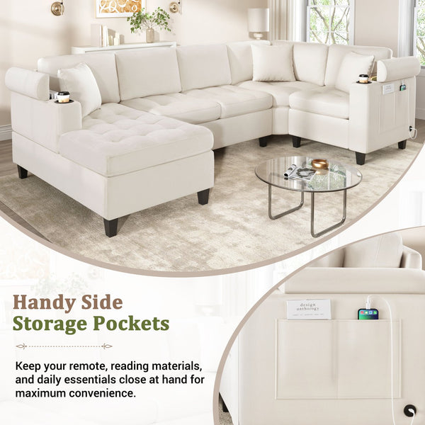 English Elm Modern U-shaped Sectional Sofa 115.7" Corner Couch with Chaise, Chenille Tufted Cushions, USB Ports and Storage Beige N719S002150A