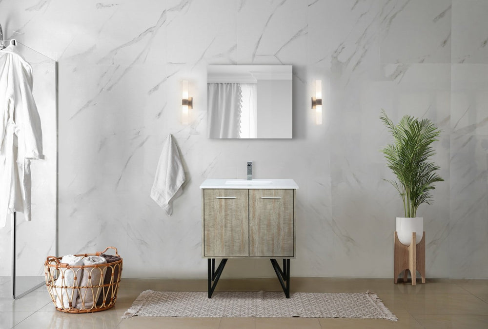 English Elm Rustic Acacia Bath Vanity Set - 30" W With White Quartz Top, Chrome Faucet & 28" Framed Mirror Included B2731S01928-GIGA