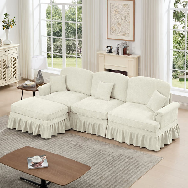 English Elm Mid Century three-seater modular L-shaped sectional sofa with removable ruffle skirts, chenille comfort and spindle legs — versatile, elegant seating solution Beige+White W3041S00234
