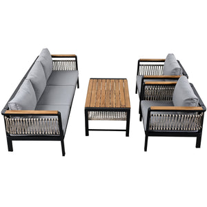 English Elm 4 Pieces Outdoor Sectional Sofa Set with Water-Resistant Cushions, Woven Rope Detail & Acacia Table Grey N719Z000130E