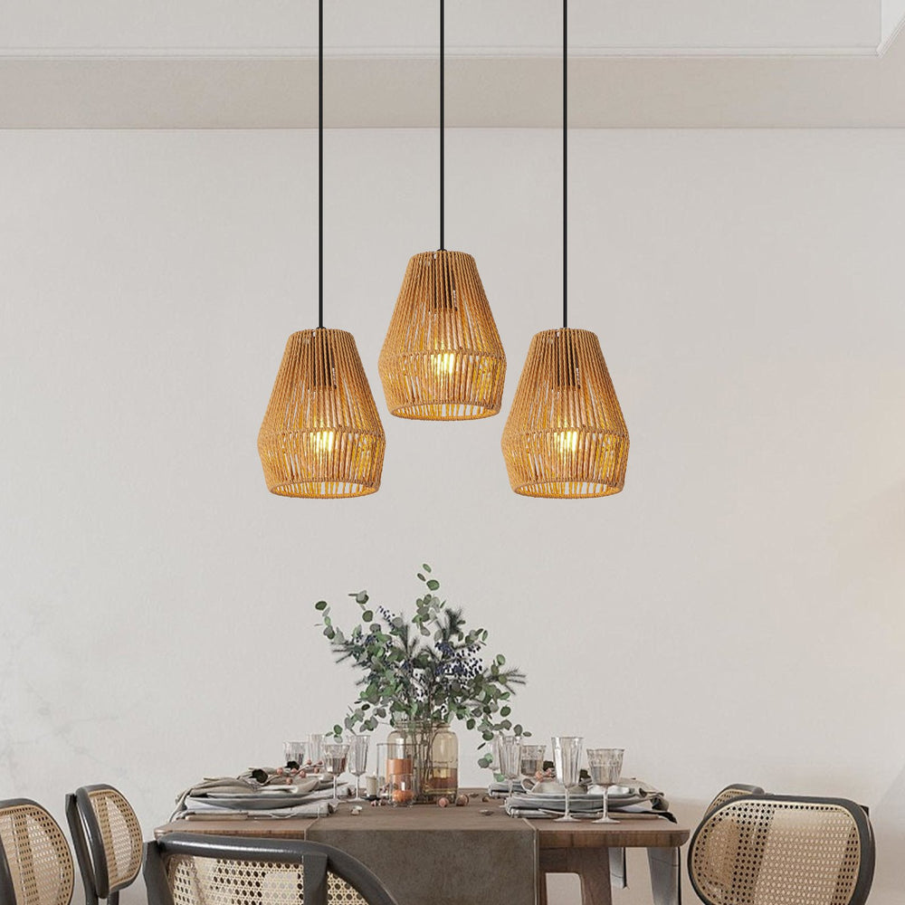English Elm 7" Rustic Hemp Rope Pendant Light Set of 3 - Handcrafted Farmhouse Ceiling Lamps, Adjustable Height, Natural Woven Iron Fixture for Kitchen Island, Dining Room, Living Room W2312P368682