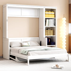 English Elm Full Murphy Bed with Storage Cabinets and Shelves, Space-Saving Wooden Wall Bed with 600lb Capacity White N7090004015K
