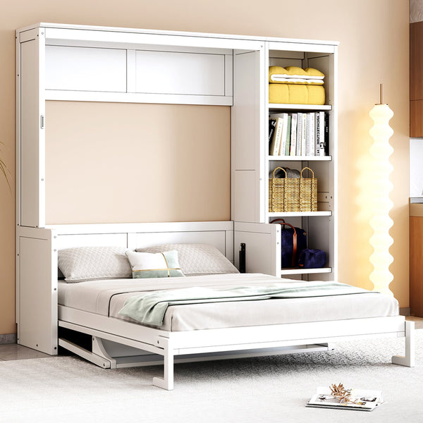 English Elm Full Murphy Bed with Storage Cabinets and Shelves, Space-Saving Wooden Wall Bed with 600lb Capacity White N7090004015K