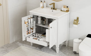 English Elm Christopher Knight Home® - 30" Bathroom Vanity with Sink Vintage Freestanding Ceramic Top Soft-Close Doors Gold Knobs, Storage White N759P226000K