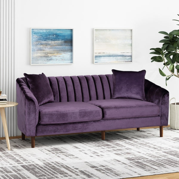 English Elm 3-seater Velvet Sofa with Button Tufting Shell Arms and Tapered Legs for Living Room Purple 66957.00ANVLTBLKBRY_66957.00BNVLTBLKBRY