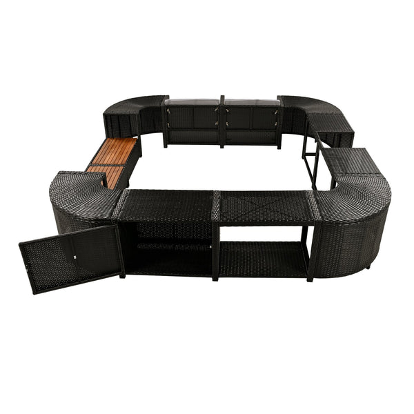 English Elm Spa Surround Quadrilateral Outdoor Rattan Sectional Sofa Set with Wooden Seats, Storage & Cushions Grey SZ000070AAE