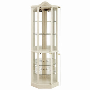 English Elm Glass Corner Curio Cabinet Lighted Dark Wood Display with Carved Crown Floral Detail White W2275P292644