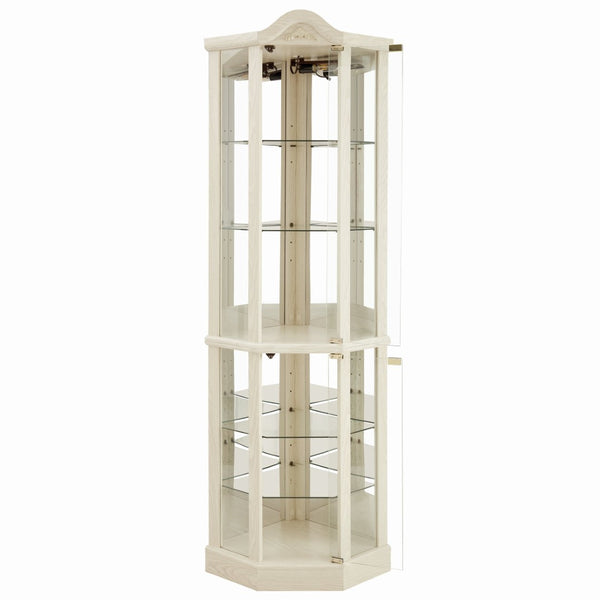 English Elm Glass Corner Curio Cabinet Lighted Dark Wood Display with Carved Crown Floral Detail White W2275P292644
