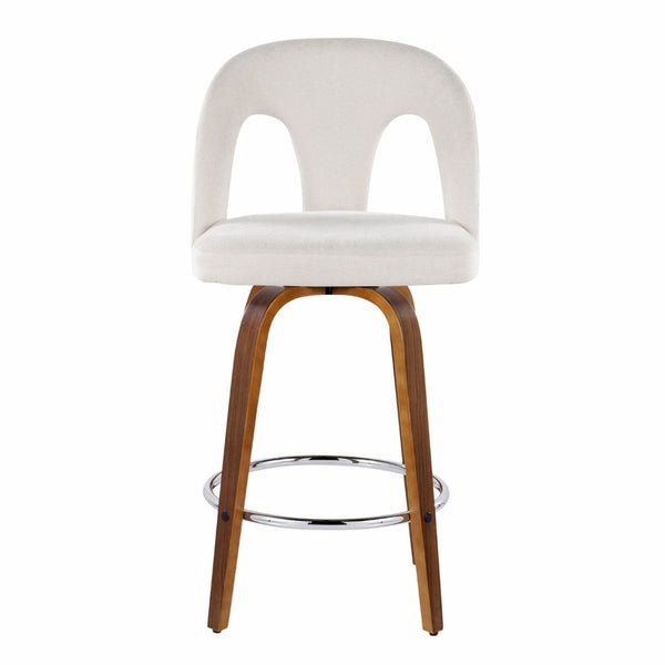 English Elm Fixed-height Swivel Counterstools with Walnut Legs Chrome Footrest and White Upholstery B202S01788