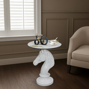 English Elm Horse Head Sculpted Resin End Table with Faux Marble Top for Bold Living Rooms White W5398P454678