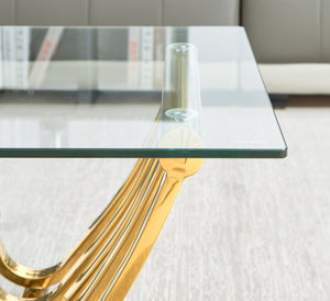 English Elm 47" Modern Rectangle Coffee Table With Double-Layer Glass Shelves, Stylish Gold Frame & Storage Solution W2978S00013