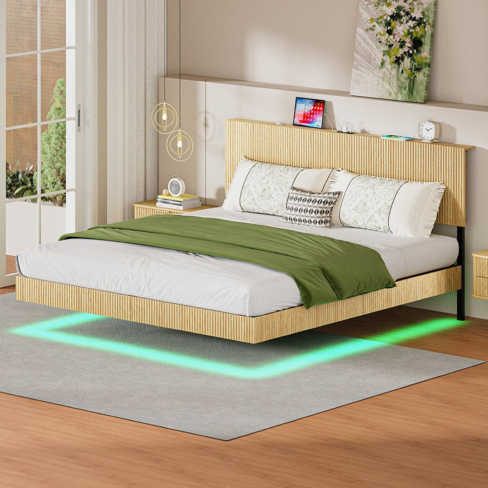 English Elm Oak Queen Floating Bed Walnut Finish Wavy Headboard Led Lighting Built in Charging W1820P408091
