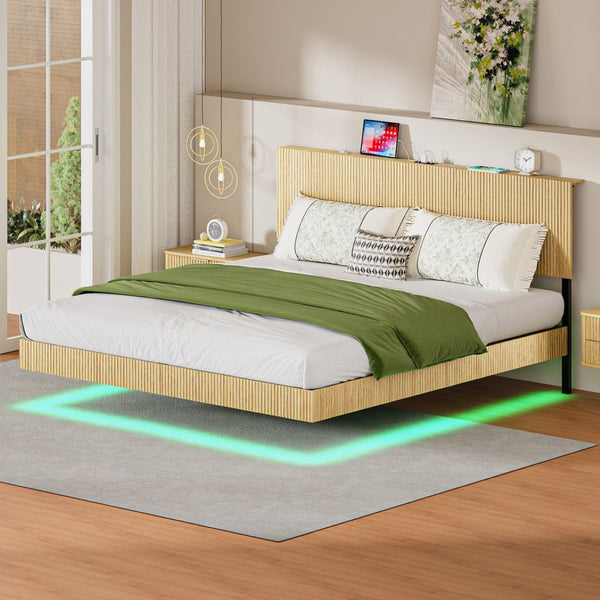 English Elm Oak Queen Floating Bed Walnut Finish Wavy Headboard Led Lighting Built in Charging W1820P408091